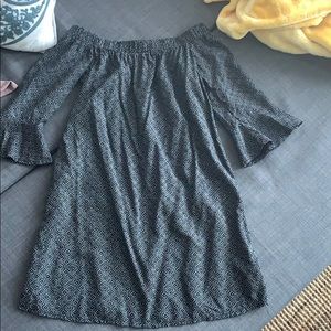 Black and white patterned off the shoulder dress